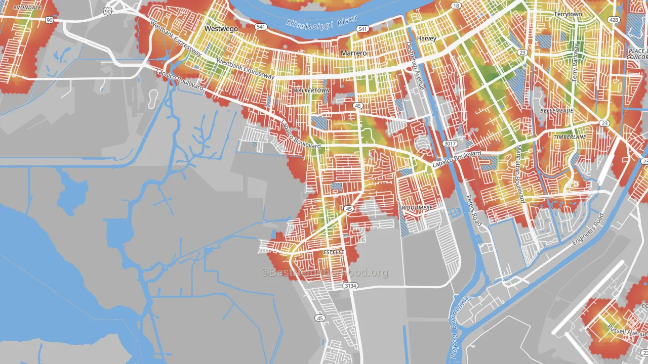 Walk Grade map of 70072, LA, walkable areas in green and car-dependent areas in red