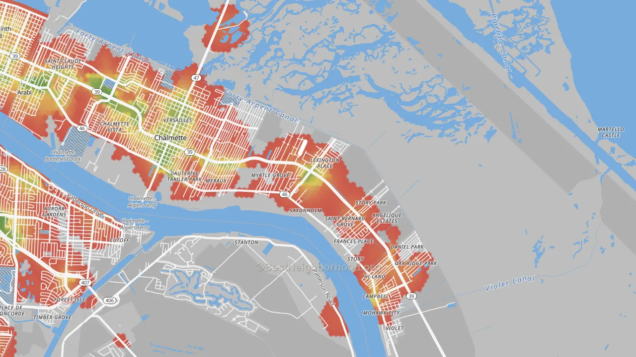 Walk Grade map of 70075, LA, walkable areas in green and car-dependent areas in red