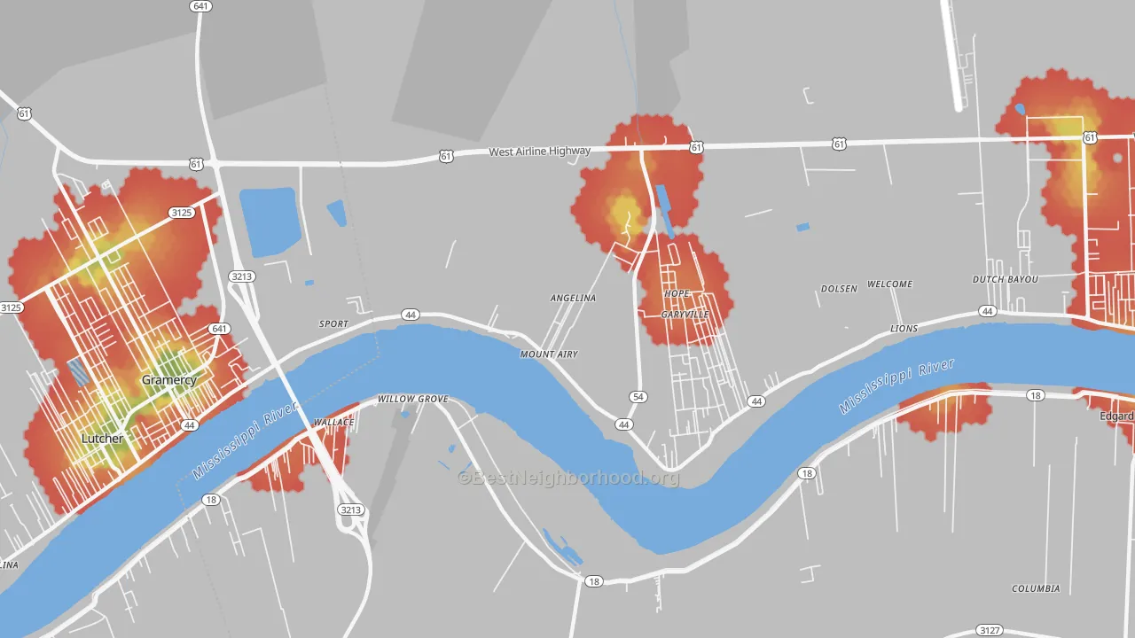 Walk Grade map of 70076, LA, walkable areas in green and car-dependent areas in red