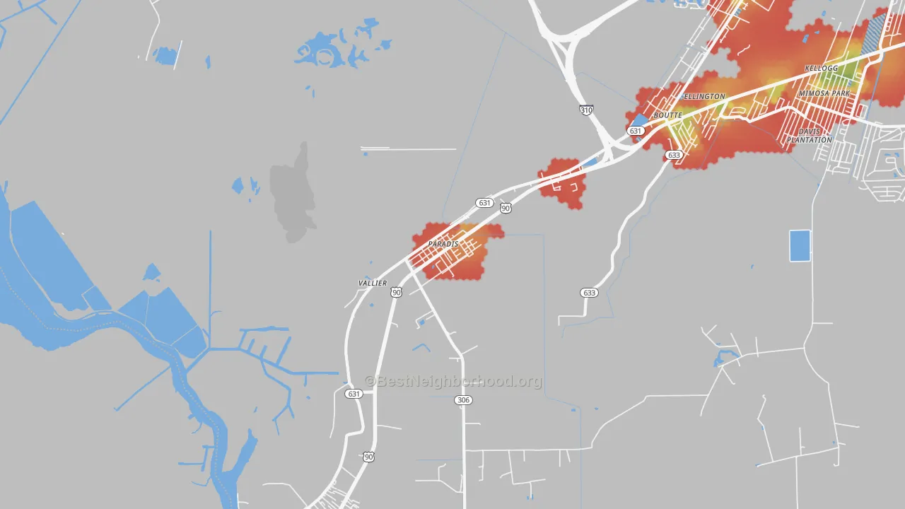 Walk Grade map of 70080, LA, walkable areas in green and car-dependent areas in red
