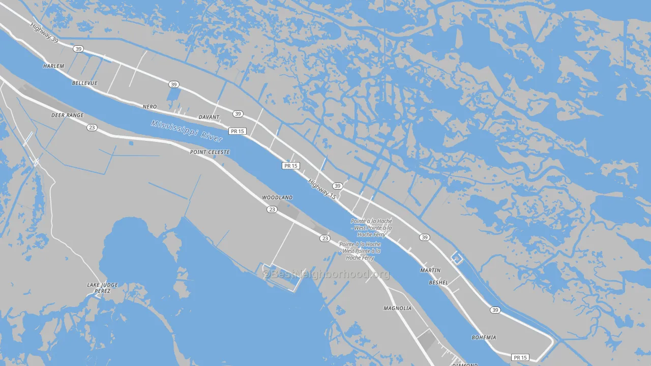 Walk Grade map of 70082, LA, walkable areas in green and car-dependent areas in red