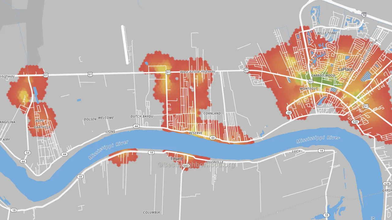 Walk Grade map of 70084, LA, walkable areas in green and car-dependent areas in red
