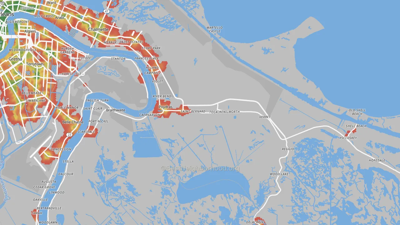 Walk Grade map of 70085, LA, walkable areas in green and car-dependent areas in red