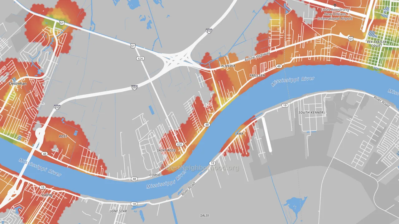Walk Grade map of 70087, LA, walkable areas in green and car-dependent areas in red