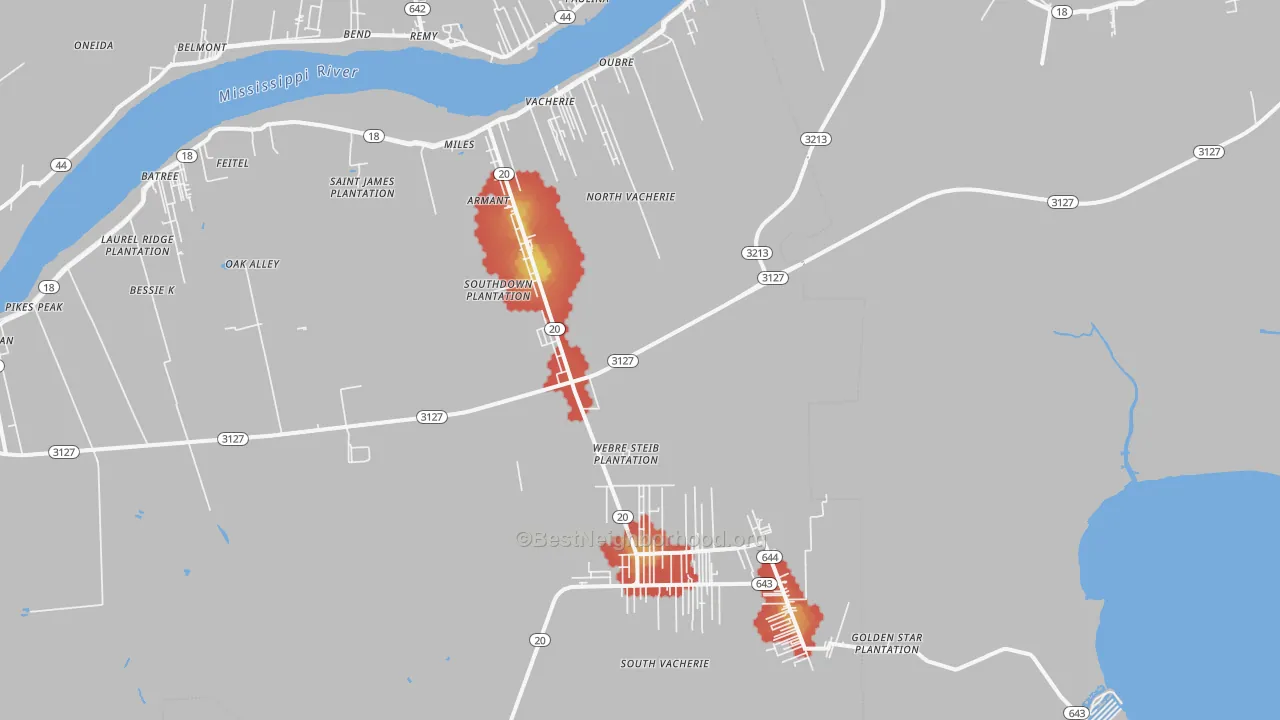 Walk Grade map of 70090, LA, walkable areas in green and car-dependent areas in red