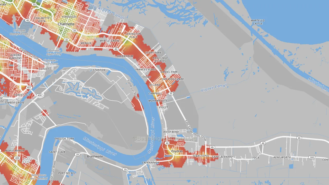 Walk Grade map of 70092, LA, walkable areas in green and car-dependent areas in red