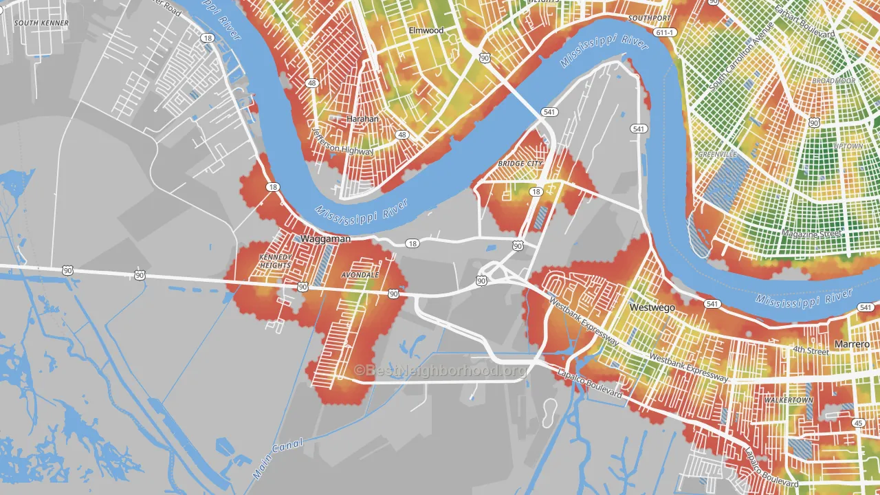 Walk Grade map of 70094, LA, walkable areas in green and car-dependent areas in red