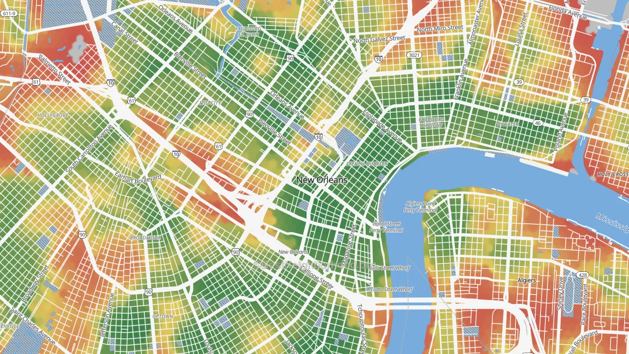 Walk Grade map of 70112, LA, walkable areas in green and car-dependent areas in red