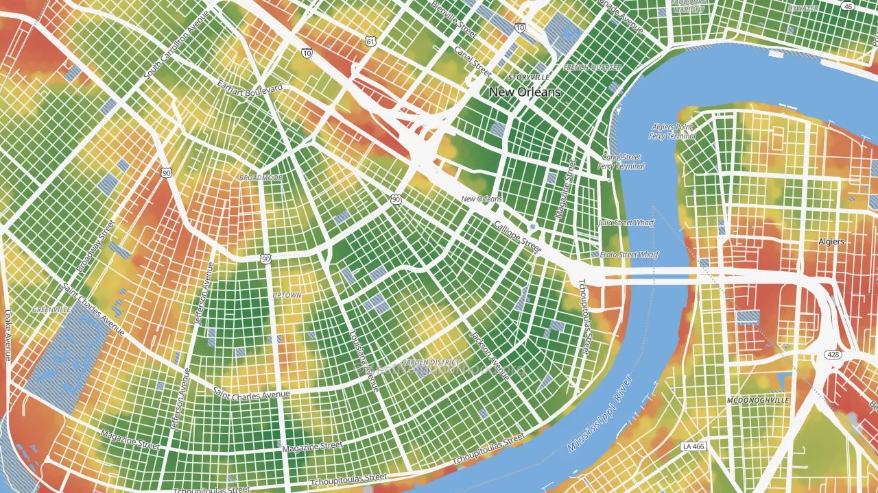 Walk Grade map of 70113, LA, walkable areas in green and car-dependent areas in red