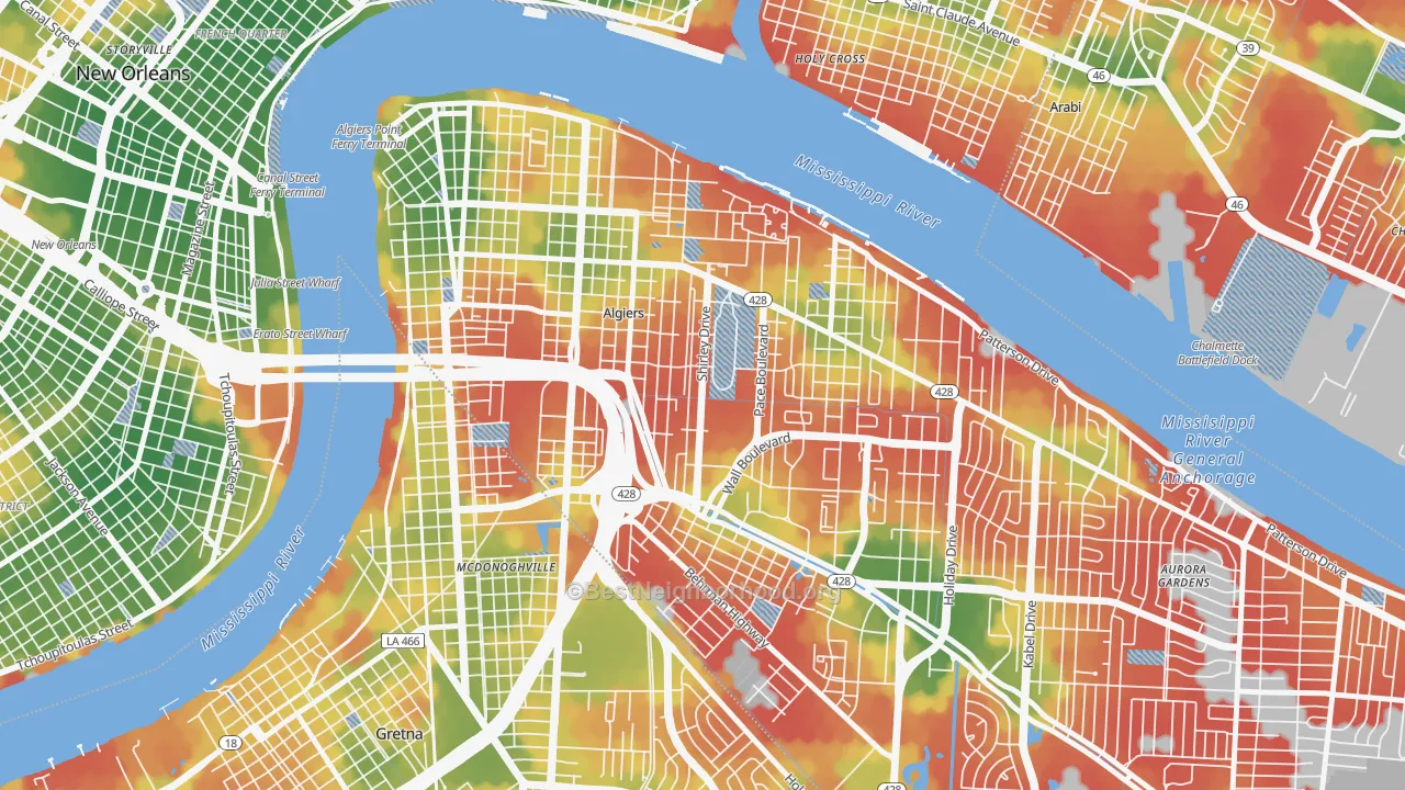 Walk Grade map of 70114, LA, walkable areas in green and car-dependent areas in red