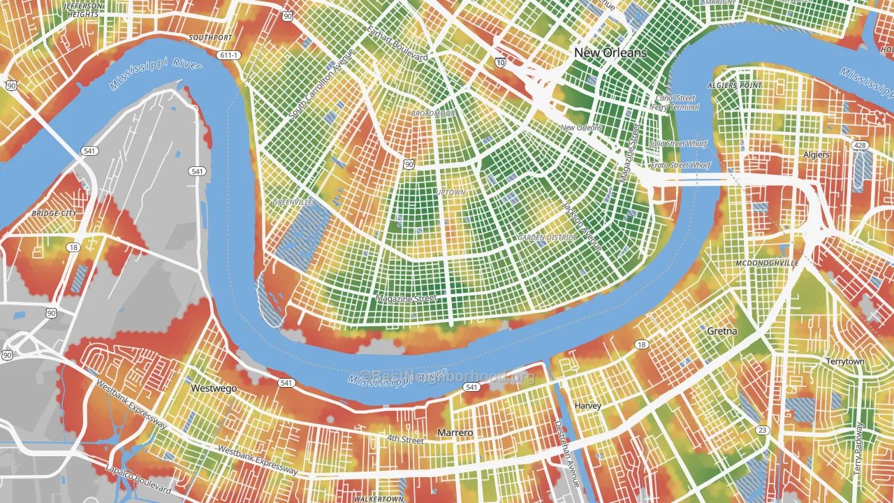 Walk Grade map of 70115, LA, walkable areas in green and car-dependent areas in red