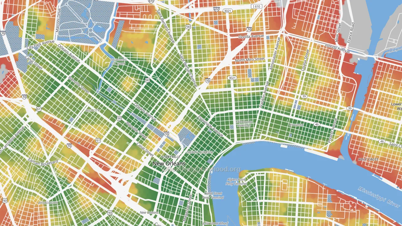 Walk Grade map of 70116, LA, walkable areas in green and car-dependent areas in red