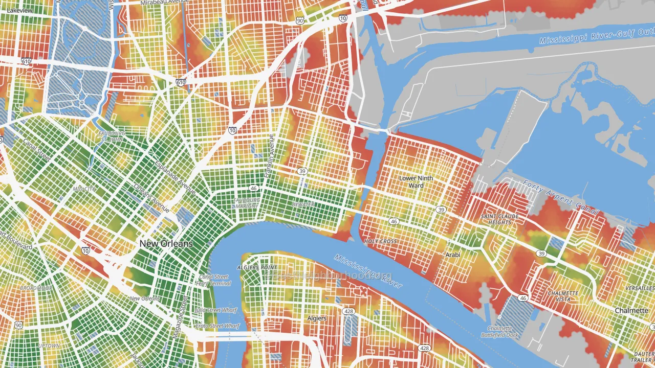 Walk Grade map of 70117, LA, walkable areas in green and car-dependent areas in red