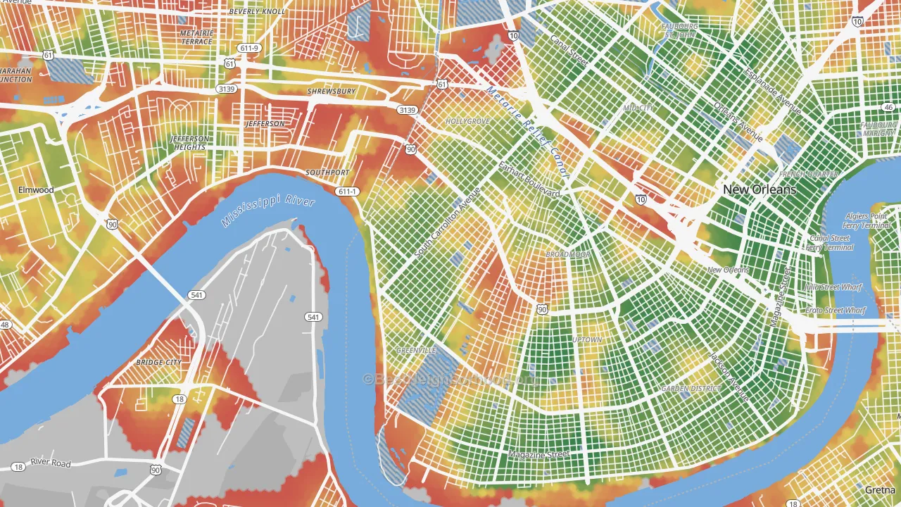 Walk Grade map of 70118, LA, walkable areas in green and car-dependent areas in red