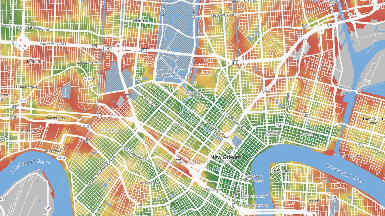 Walk Grade map of 70119, LA, walkable areas in green and car-dependent areas in red