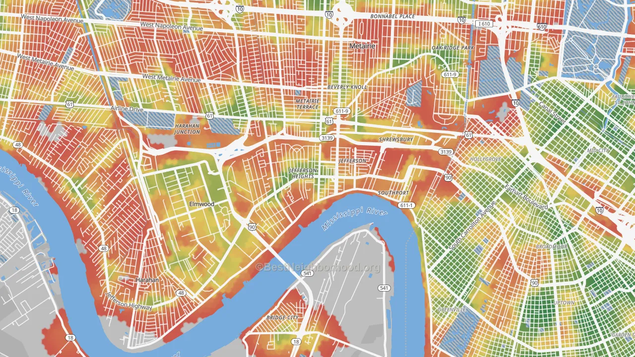 Walk Grade map of 70121, LA, walkable areas in green and car-dependent areas in red