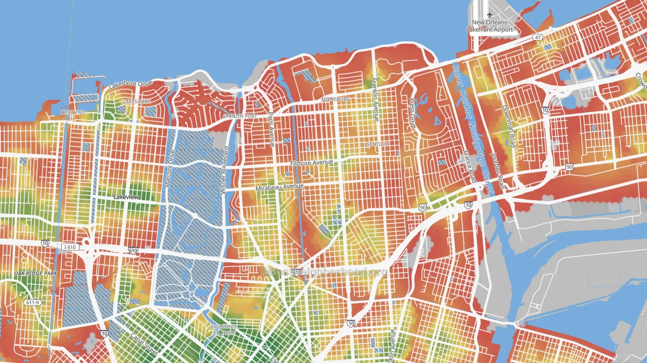Walk Grade map of 70122, LA, walkable areas in green and car-dependent areas in red