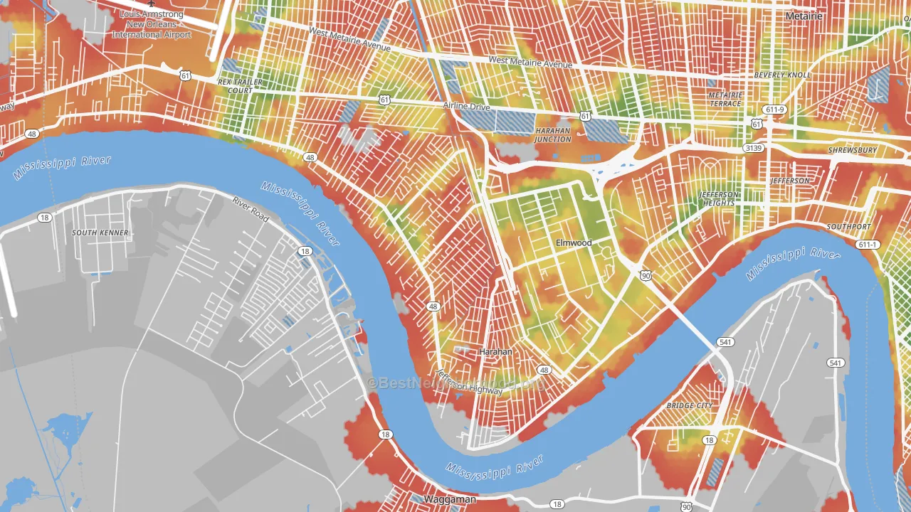 Walk Grade map of 70123, LA, walkable areas in green and car-dependent areas in red