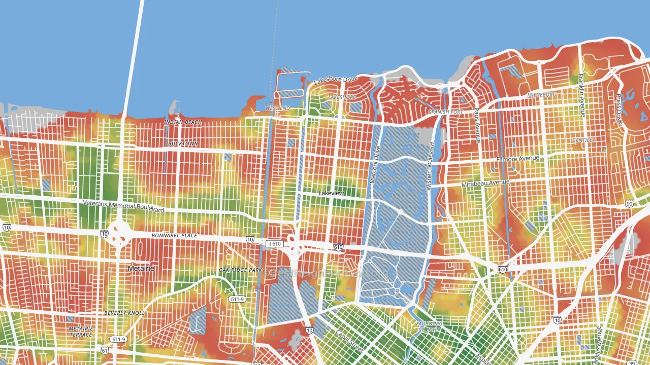 Walk Grade map of 70124, LA, walkable areas in green and car-dependent areas in red