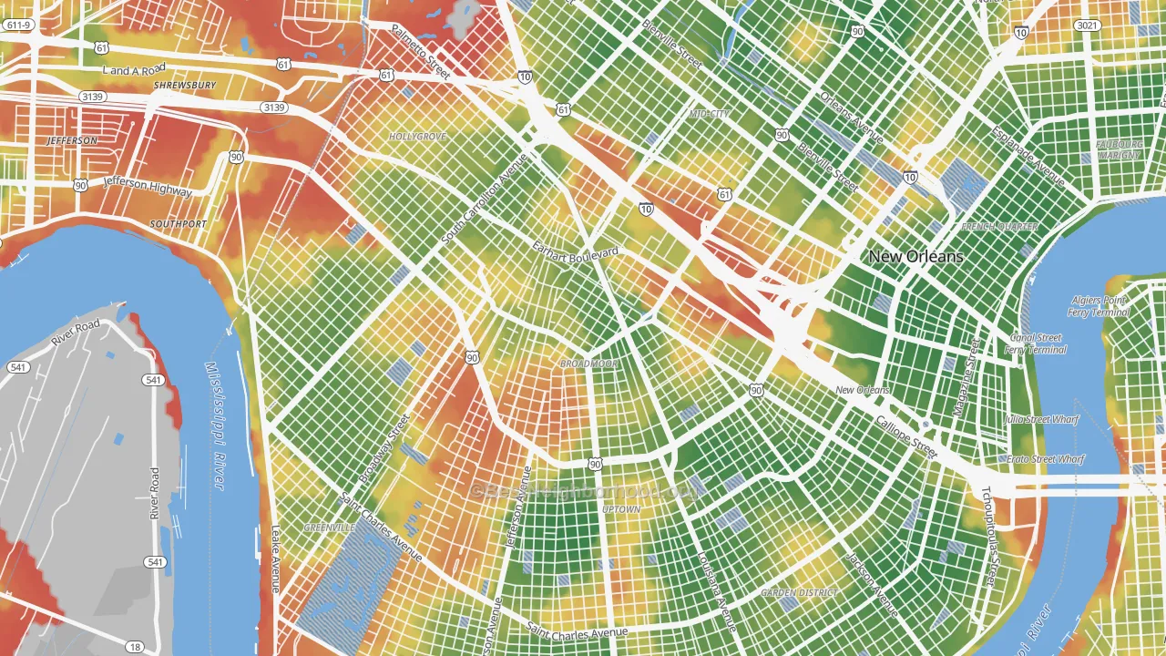 Walk Grade map of 70125, LA, walkable areas in green and car-dependent areas in red