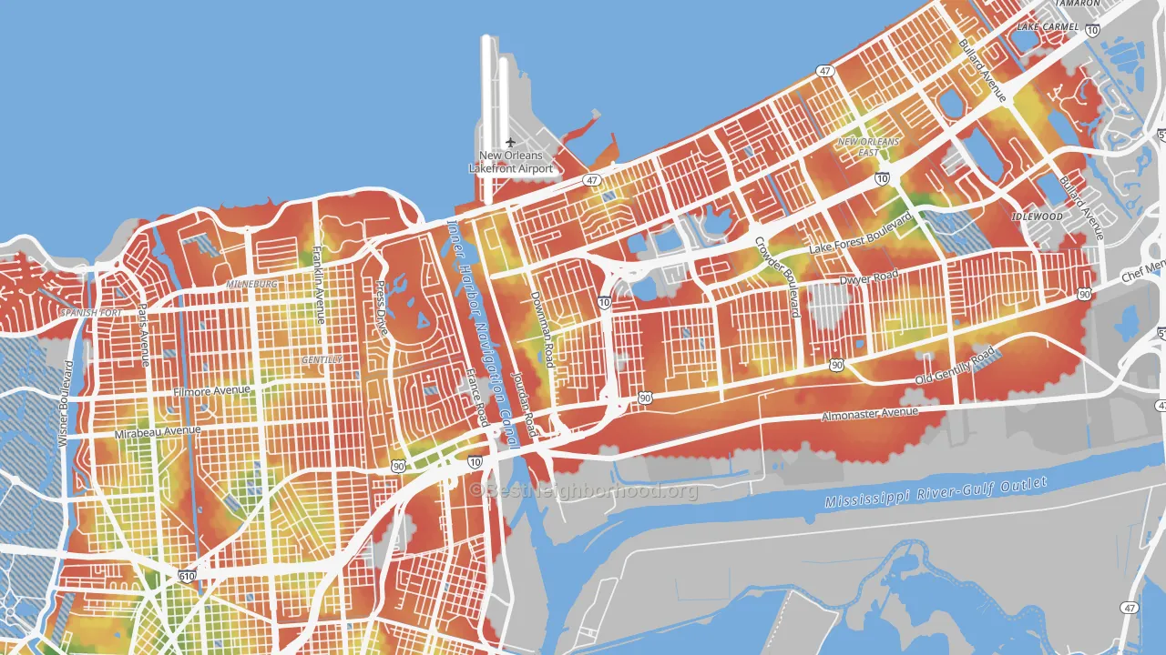 Walk Grade map of 70126, LA, walkable areas in green and car-dependent areas in red