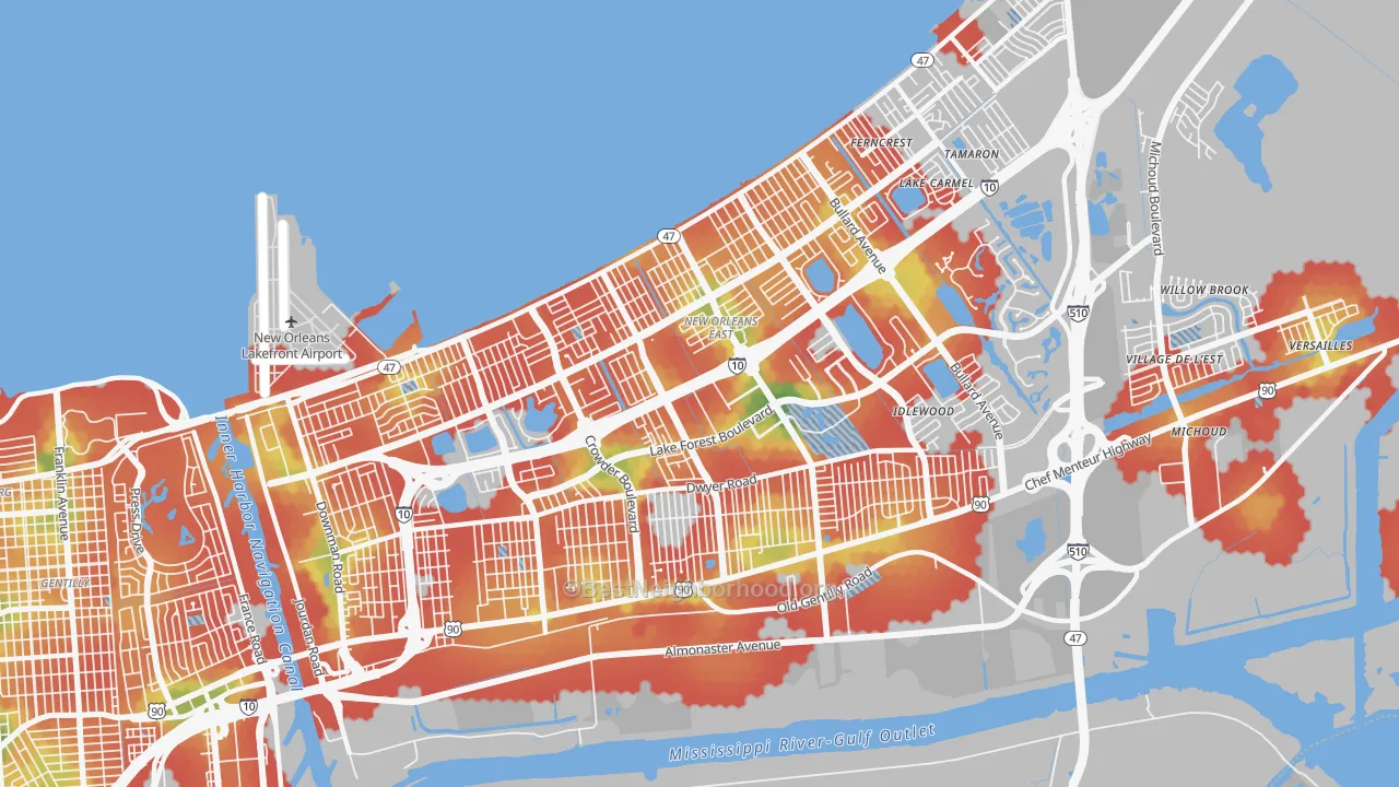 Walk Grade map of 70127, LA, walkable areas in green and car-dependent areas in red