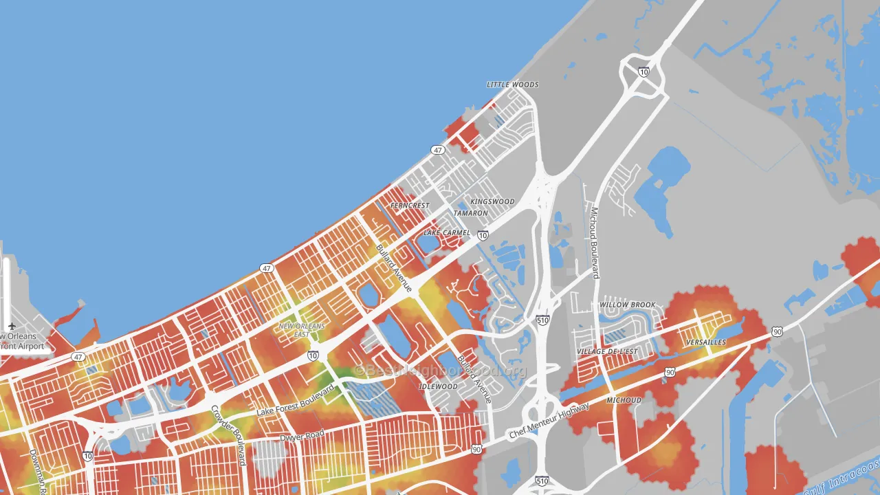 Walk Grade map of 70128, LA, walkable areas in green and car-dependent areas in red