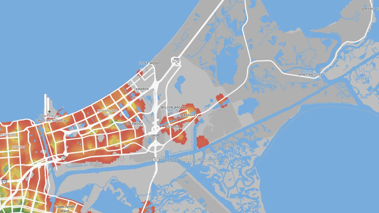 Walk Grade map of 70129, LA, walkable areas in green and car-dependent areas in red