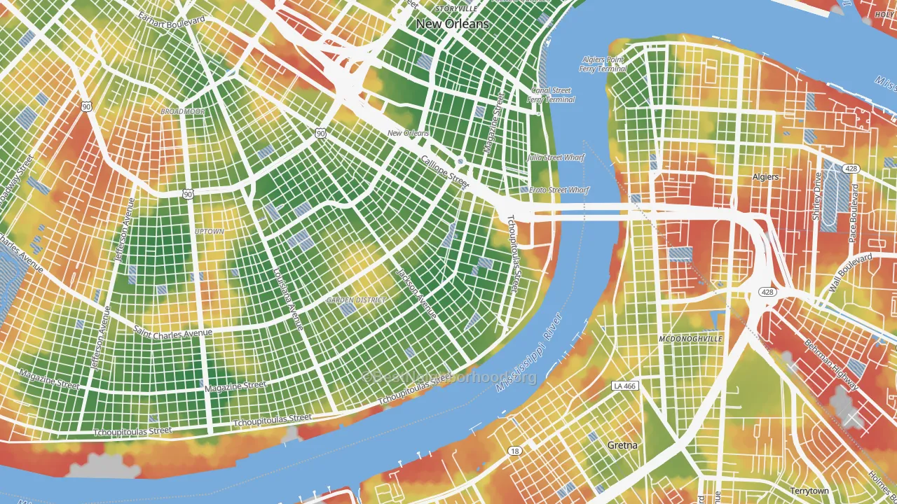 Walk Grade map of 70130, LA, walkable areas in green and car-dependent areas in red