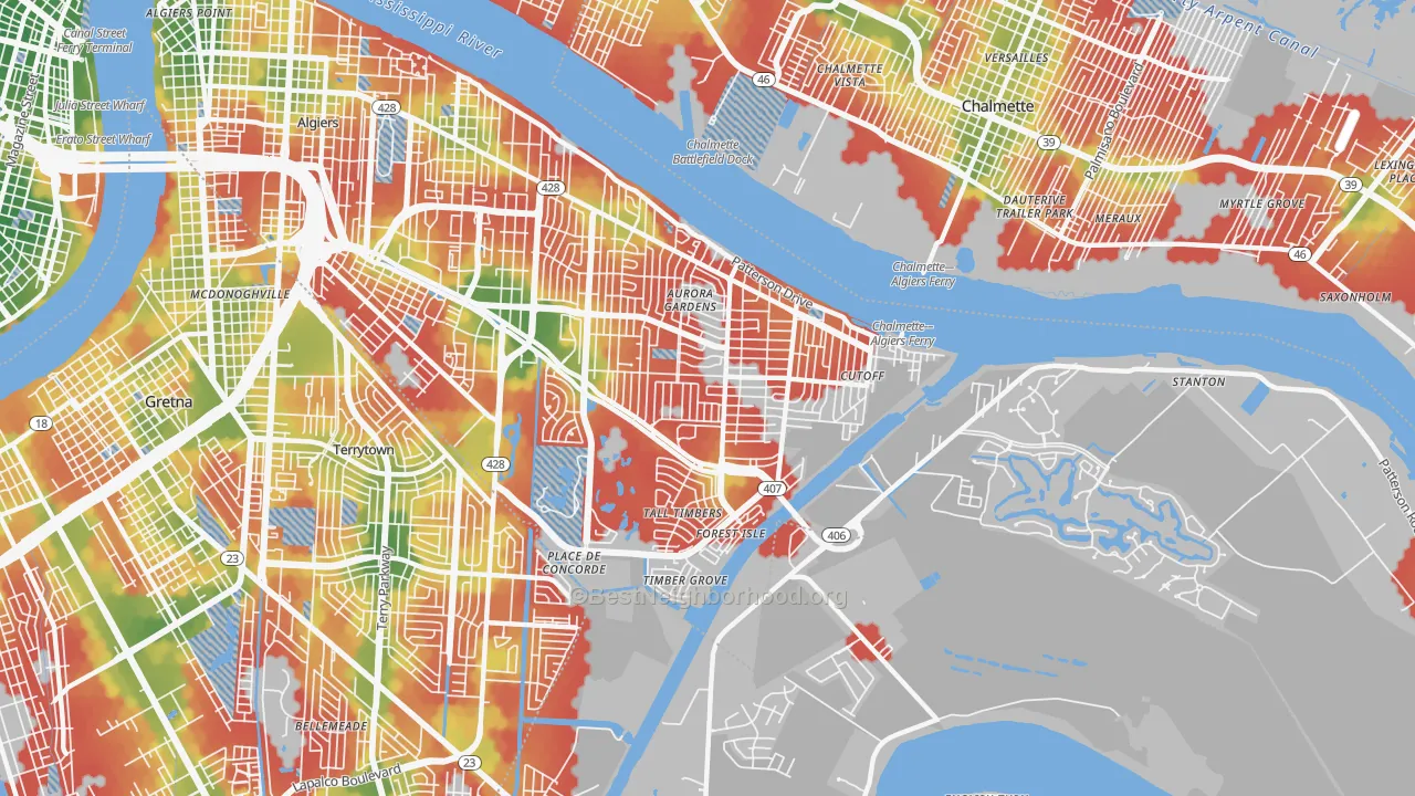 Walk Grade map of 70131, LA, walkable areas in green and car-dependent areas in red