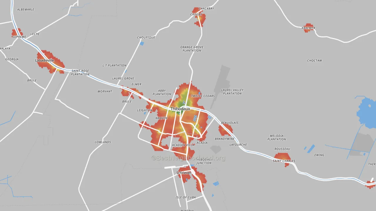 Walk Grade map of 70301, LA, walkable areas in green and car-dependent areas in red
