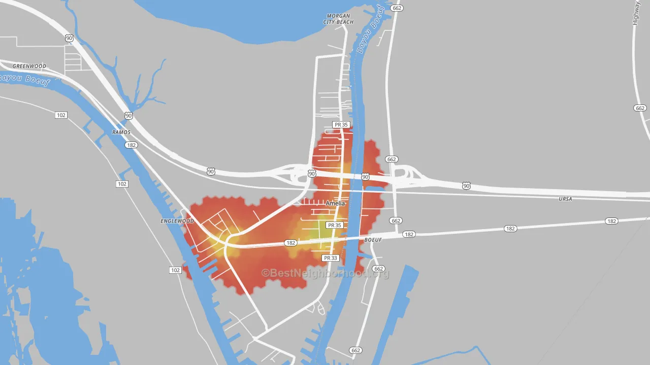 Walk Grade map of 70340, LA, walkable areas in green and car-dependent areas in red