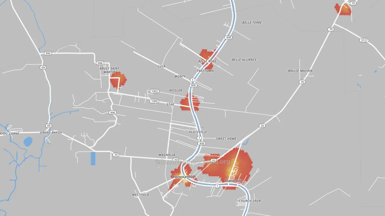 Walk Grade map of 70341, LA, walkable areas in green and car-dependent areas in red
