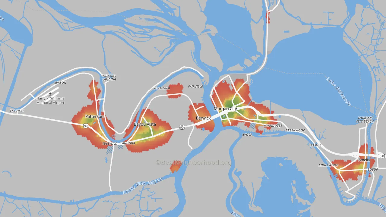 Walk Grade map of 70342, LA, walkable areas in green and car-dependent areas in red