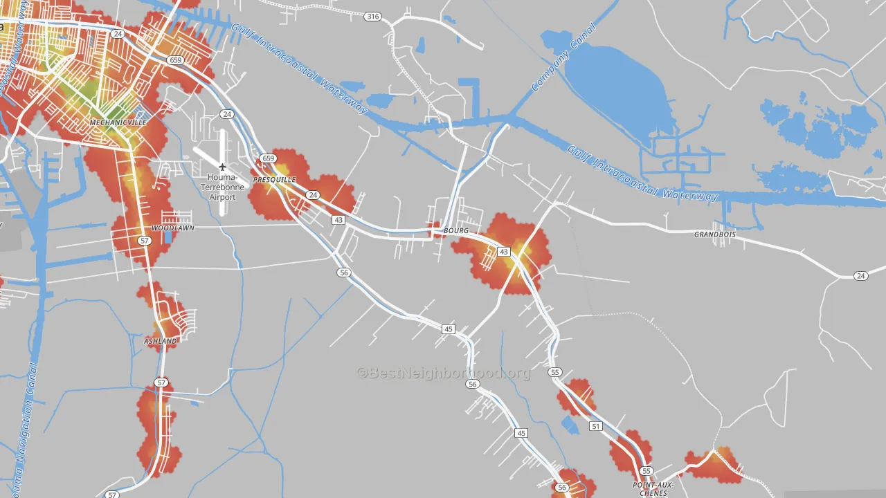 Walk Grade map of 70343, LA, walkable areas in green and car-dependent areas in red