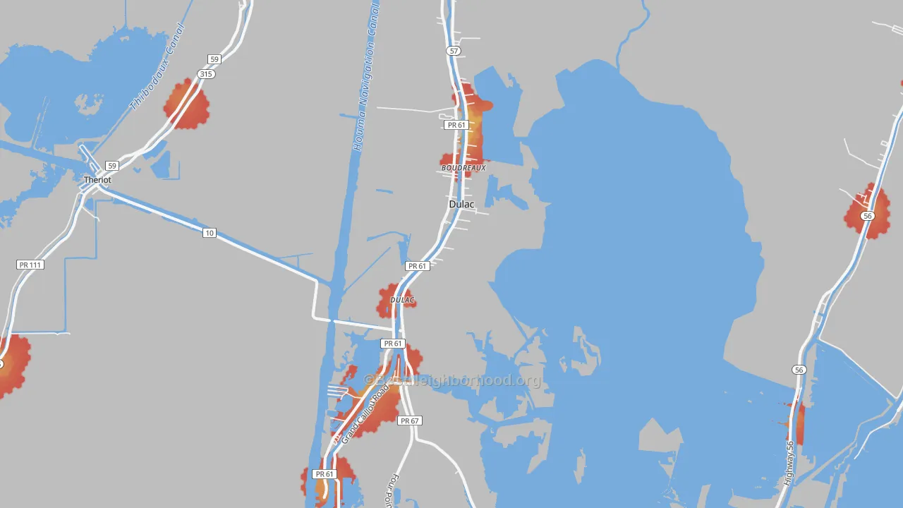 Walk Grade map of 70353, LA, walkable areas in green and car-dependent areas in red