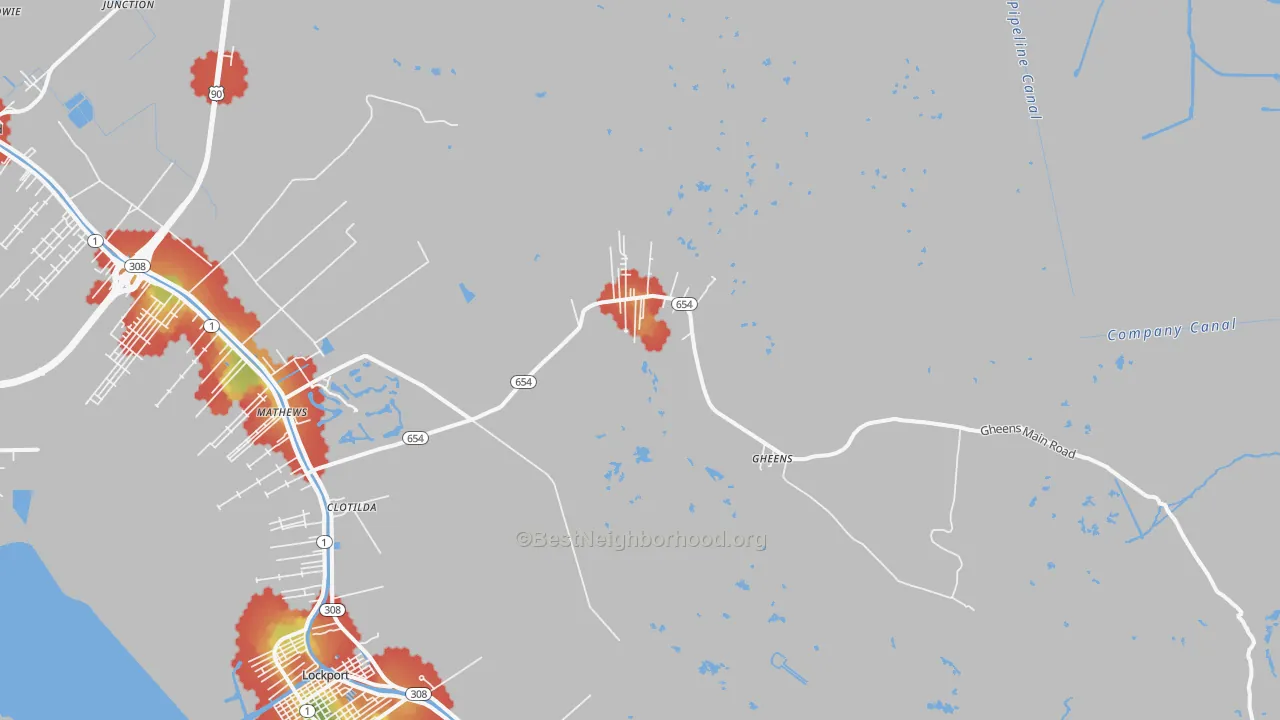 Walk Grade map of 70355, LA, walkable areas in green and car-dependent areas in red