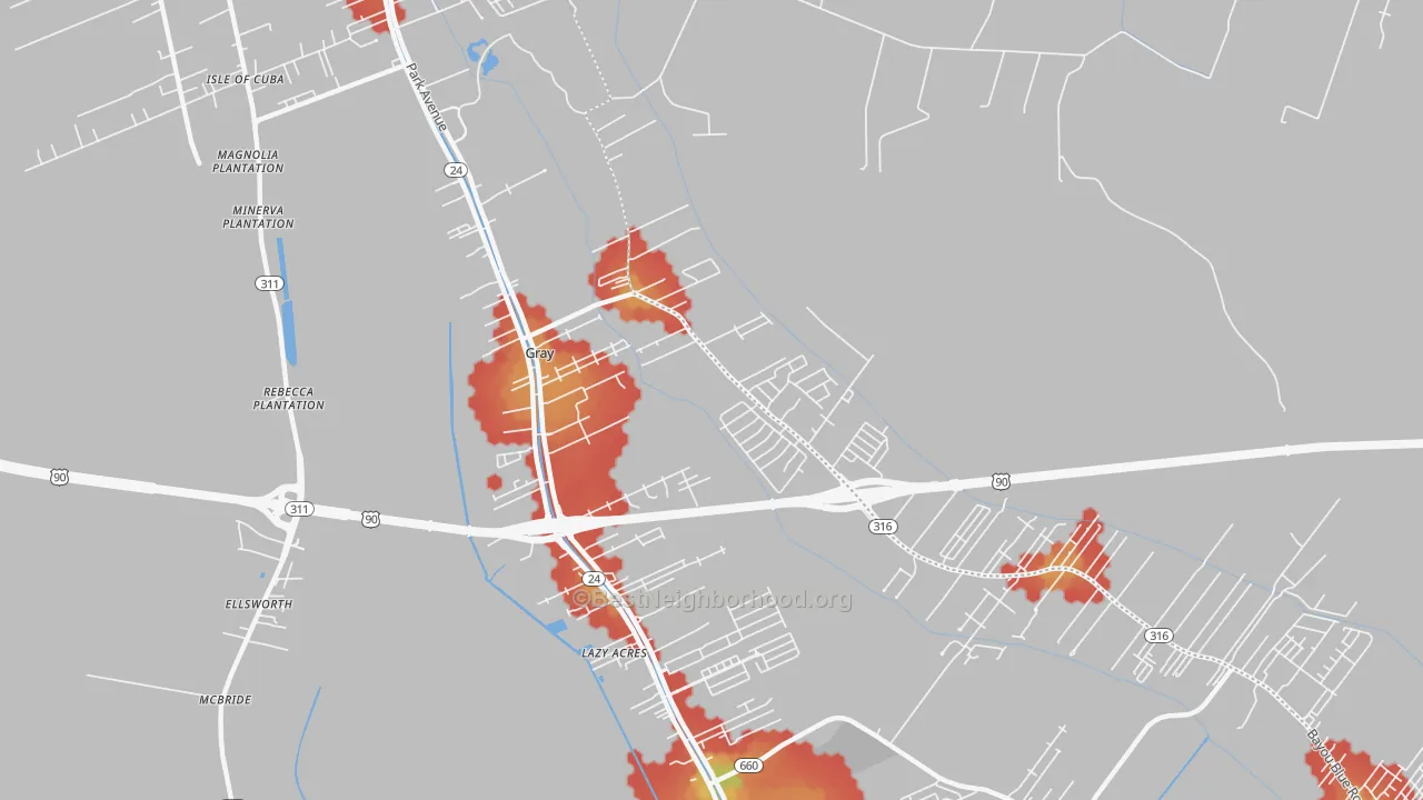 Walk Grade map of 70359, LA, walkable areas in green and car-dependent areas in red