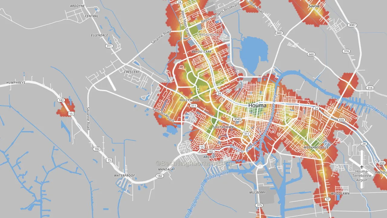 Walk Grade map of 70360, LA, walkable areas in green and car-dependent areas in red
