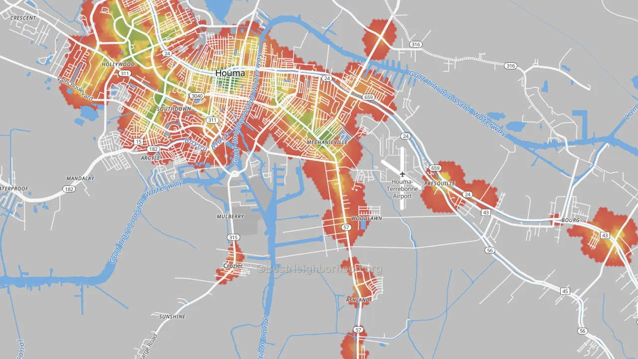 Walk Grade map of 70363, LA, walkable areas in green and car-dependent areas in red