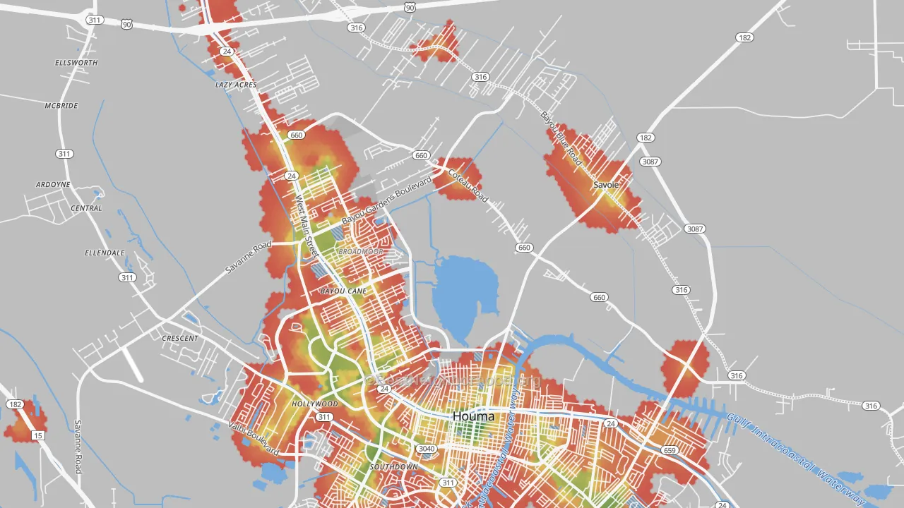 Walk Grade map of 70364, LA, walkable areas in green and car-dependent areas in red
