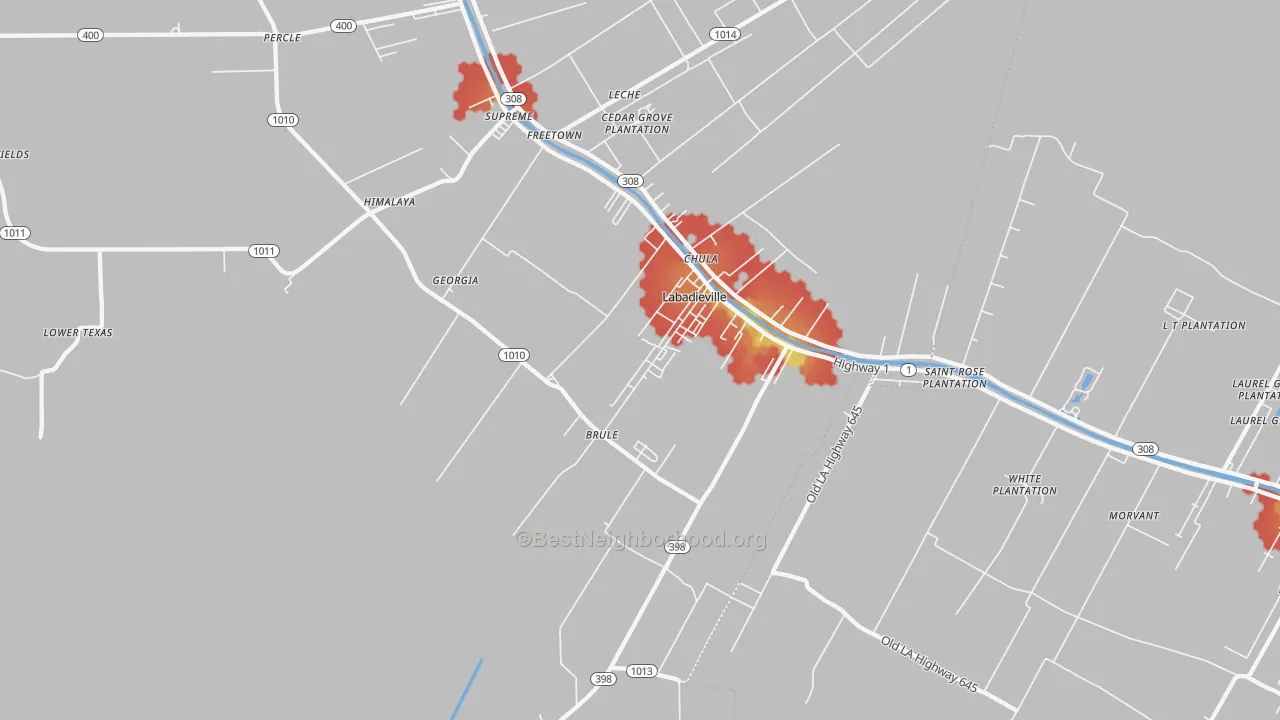 Walk Grade map of 70372, LA, walkable areas in green and car-dependent areas in red