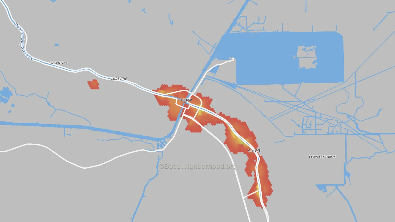 Walk Grade map of 70373, LA, walkable areas in green and car-dependent areas in red