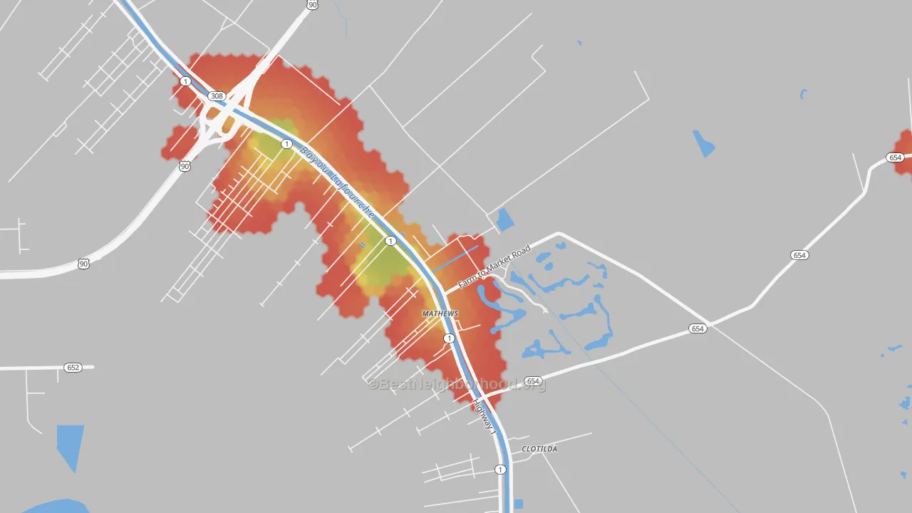 Walk Grade map of 70375, LA, walkable areas in green and car-dependent areas in red