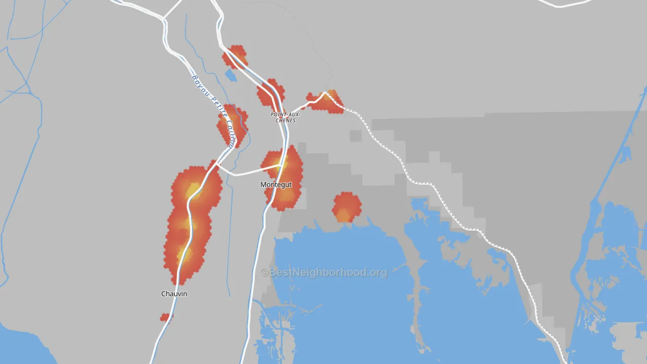 Walk Grade map of 70377, LA, walkable areas in green and car-dependent areas in red