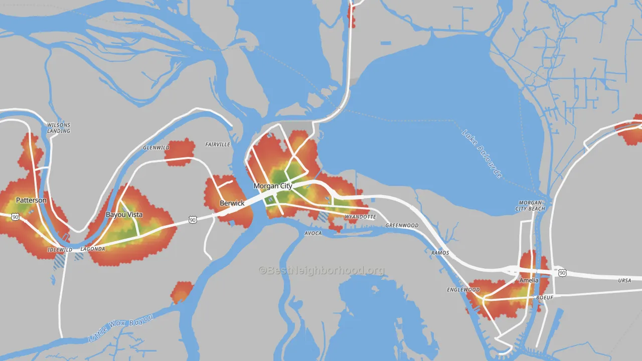 Walk Grade map of 70380, LA, walkable areas in green and car-dependent areas in red