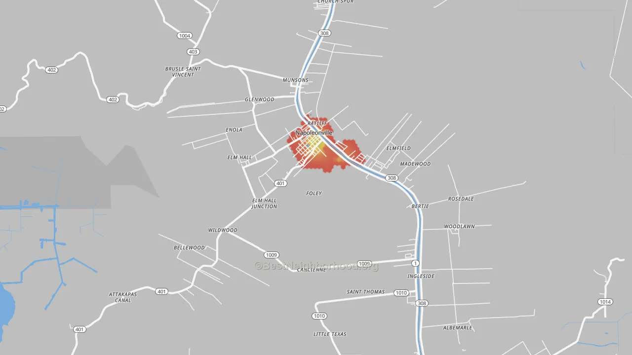 Walk Grade map of 70390, LA, walkable areas in green and car-dependent areas in red