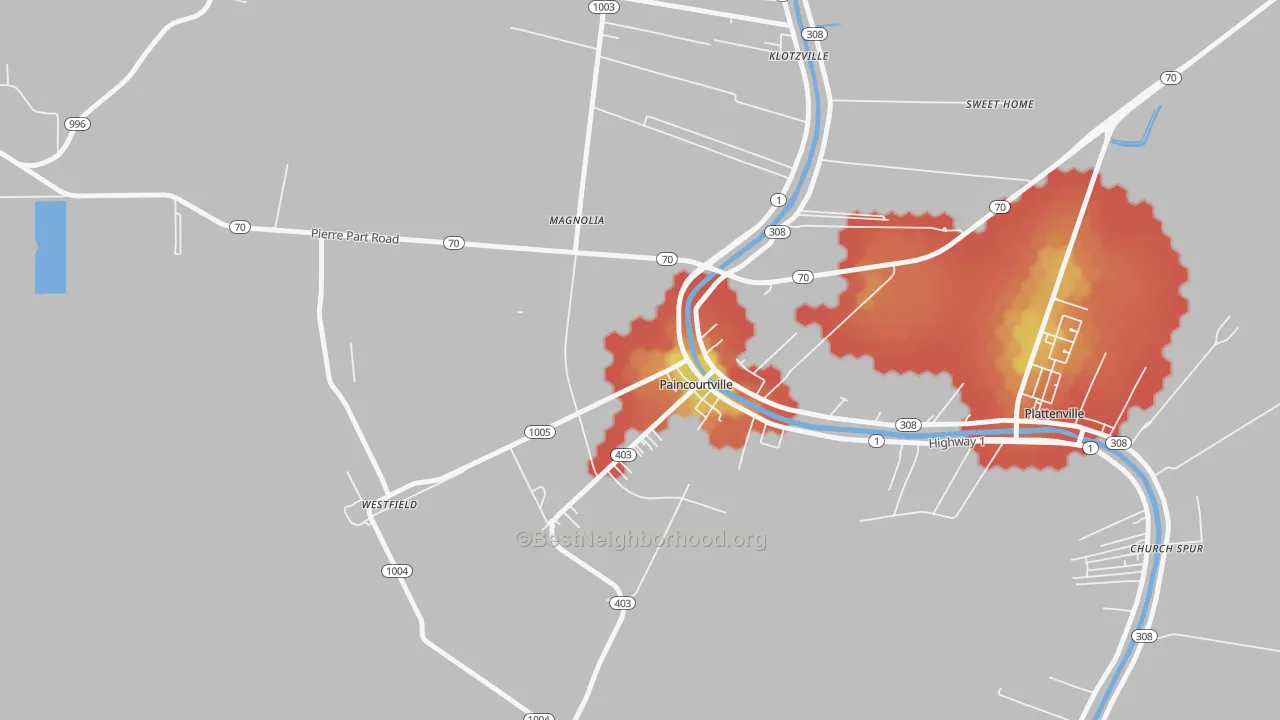 Walk Grade map of 70391, LA, walkable areas in green and car-dependent areas in red