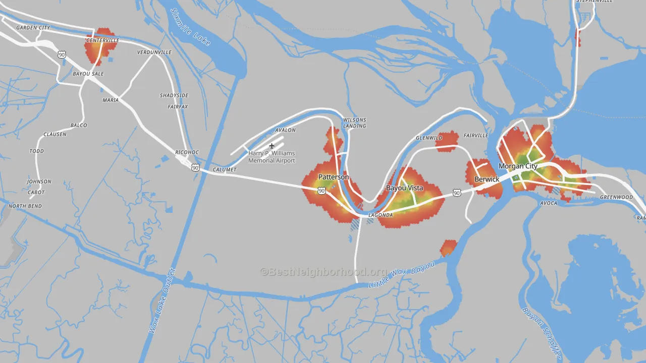 Walk Grade map of 70392, LA, walkable areas in green and car-dependent areas in red
