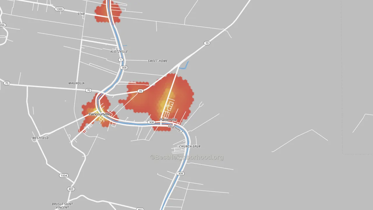 Walk Grade map of 70393, LA, walkable areas in green and car-dependent areas in red